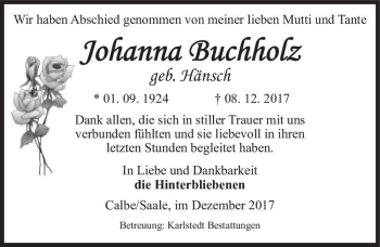 Traueranzeige von Johanna Buchholz (geb. Hänsch)  von Magdeburger Volksstimme