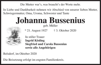 Traueranzeige von Johanna Bussenius (geb. Müller)  von Magdeburger Volksstimme