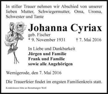 Traueranzeige von Johanna Cyriax (geb. Fischer)  von Magdeburger Volksstimme
