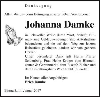 Traueranzeige von Johanna Damke  von Magdeburger Volksstimme
