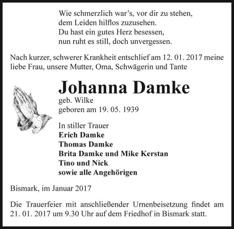  Traueranzeige für Johanna Damke (geb. Wilke)  vom 17.01.2017 aus Magdeburger Volksstimme