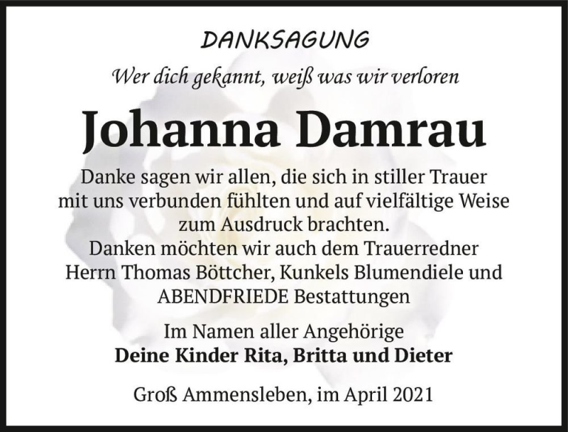 Traueranzeige für Johanna Damrau  vom 17.04.2021 aus Magdeburger Volksstimme