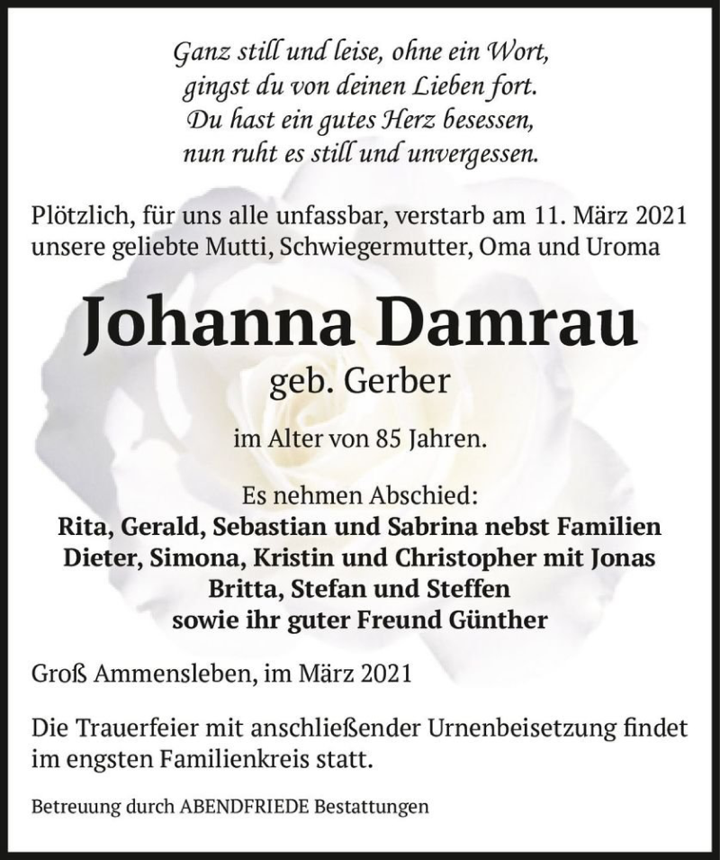  Traueranzeige für Johanna Damrau (geb. Gerber)  vom 20.03.2021 aus Magdeburger Volksstimme