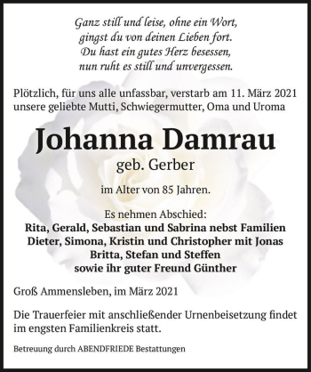 Traueranzeige von Johanna Damrau (geb. Gerber)  von Magdeburger Volksstimme