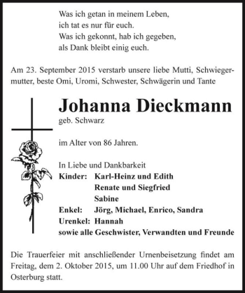 Traueranzeige von Johanna Dieckmann (geb. Schwarz)  von Magdeburger Volksstimme