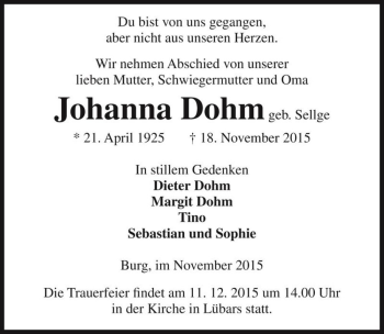 Traueranzeige von Johanna Dohm  von Magdeburger Volksstimme