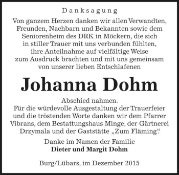 Traueranzeige von Johanna Dohm  von Magdeburger Volksstimme