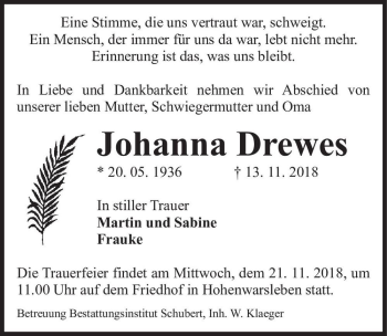 Traueranzeige von Johanna Drewes  von Magdeburger Volksstimme