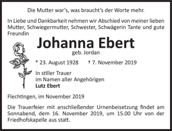 Traueranzeige von Johanna Ebert (geb. Jordan)  von Magdeburger Volksstimme