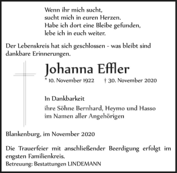 Traueranzeige von Johanna Effler  von Magdeburger Volksstimme