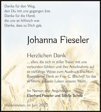 Traueranzeige von Johanna Fieseler  von Magdeburger Volksstimme