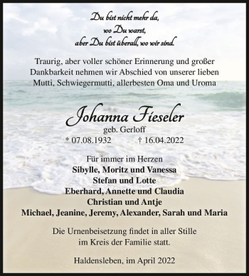 Traueranzeige von Johanna Fieseler (geb. Gerloff)  von Magdeburger Volksstimme