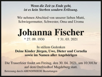 Traueranzeige von Johanna Fischer  von Magdeburger Volksstimme