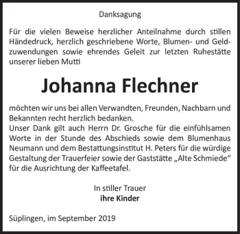 Traueranzeige von Johanna Flechner  von Magdeburger Volksstimme