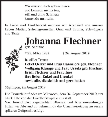 Traueranzeige von Johanna Flechner (geb. Schinke)  von Magdeburger Volksstimme