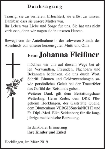 Traueranzeige von Johanna Fleißner  von Magdeburger Volksstimme