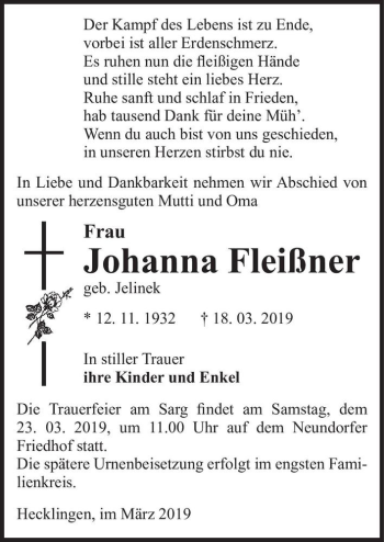 Traueranzeige von Johanna Fleißner (geb. Jelinek)  von Magdeburger Volksstimme