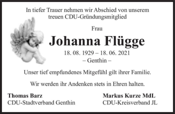 Traueranzeige von Johanna Flügge  von Magdeburger Volksstimme