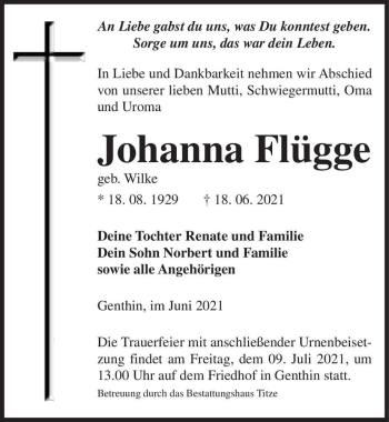 Traueranzeige von Johanna Flügge (geb. Wilke)  von Magdeburger Volksstimme