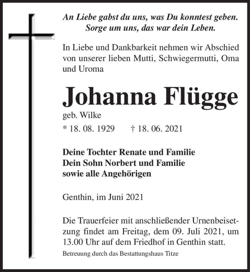  Traueranzeige für Johanna Flügge (geb. Wilke)  vom 26.06.2021 aus Magdeburger Volksstimme