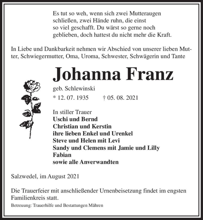  Traueranzeige für Johanna Franz (geb. Schlewinski)  vom 10.08.2021 aus Magdeburger Volksstimme
