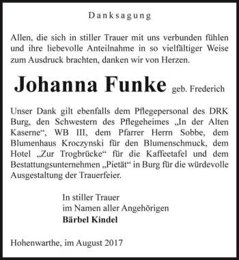 Traueranzeige von Johanna Funke (geb. Frederich)  von Magdeburger Volksstimme