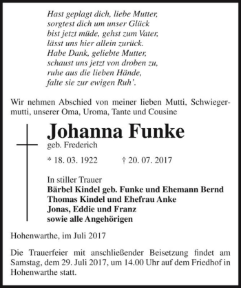 Traueranzeige von Johanna Funke (geb. Frederich)  von Magdeburger Volksstimme
