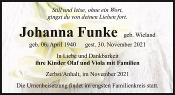 Traueranzeige von Johanna Funke (geb. Wieland)  von Magdeburger Volksstimme