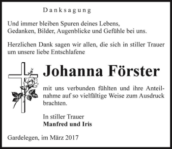 Traueranzeige von Johanna Förster  von Magdeburger Volksstimme