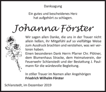 Traueranzeige von Johanna Förster  von Magdeburger Volksstimme