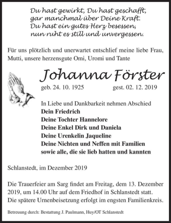 Traueranzeige von Johanna Förster  von Magdeburger Volksstimme