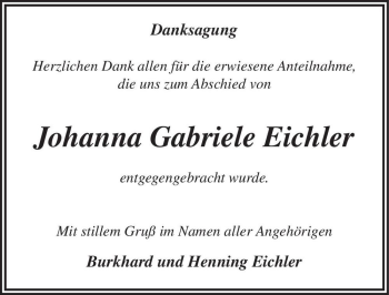 Traueranzeige von Johanna Gabriele Eichler  von Magdeburger Volksstimme