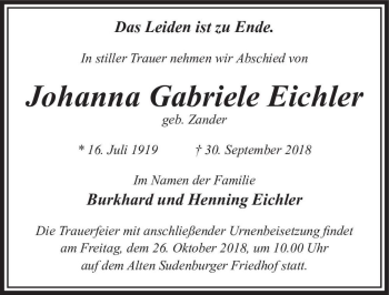 Traueranzeige von Johanna Gabriele Eichler (geb. Zander)  von Magdeburger Volksstimme