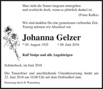 Traueranzeige von Johanna Gelzer  von Magdeburger Volksstimme