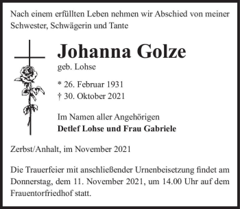 Traueranzeige von Johanna Golze (geb. Lohse)  von Magdeburger Volksstimme