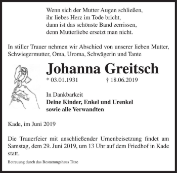 Traueranzeige von Johanna Greitsch  von Magdeburger Volksstimme