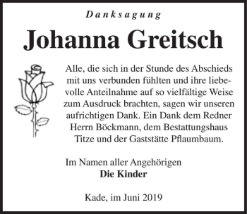 Traueranzeige von Johanna Greitsch  von Magdeburger Volksstimme