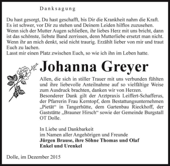Traueranzeige von Johanna Greyer  von Magdeburger Volksstimme