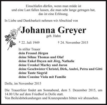 Traueranzeige von Johanna Greyer (geb. Hahn)  von Magdeburger Volksstimme