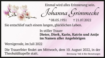 Traueranzeige von Johanna Grimmecke  von Magdeburger Volksstimme
