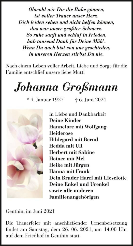  Traueranzeige für Johanna Großmann  vom 12.06.2021 aus Magdeburger Volksstimme