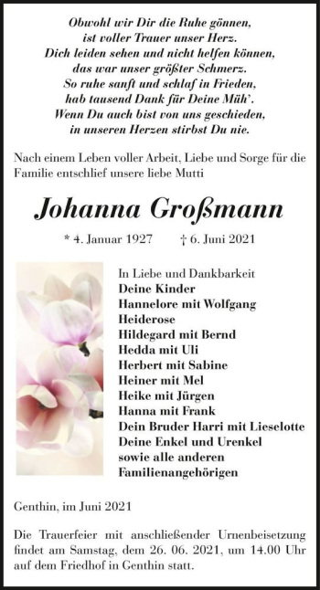 Traueranzeige von Johanna Großmann  von Magdeburger Volksstimme