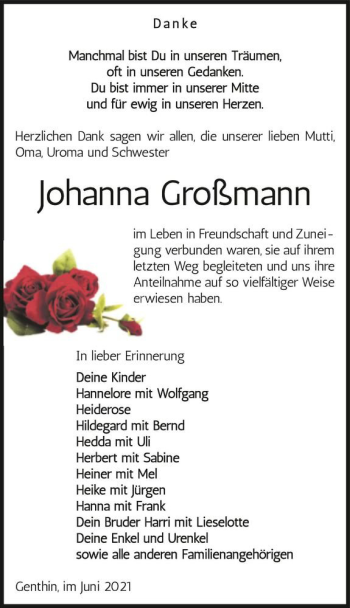 Traueranzeige von Johanna Großmann  von Magdeburger Volksstimme