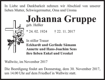 Traueranzeige von Johanna Gruppe (geb. Heßler)  von Magdeburger Volksstimme