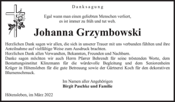 Traueranzeige von Johanna Grzymbowski  von Magdeburger Volksstimme