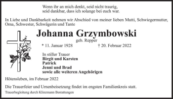 Traueranzeige von Johanna Grzymbowski (geb. Repper)  von Magdeburger Volksstimme