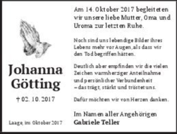 Traueranzeige von Johanna Götting  von Magdeburger Volksstimme
