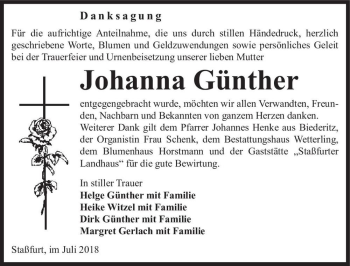Traueranzeige von Johanna Günther  von Magdeburger Volksstimme