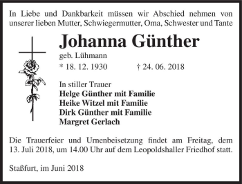 Traueranzeige von Johanna Günther (geb. Lühmann)  von Magdeburger Volksstimme