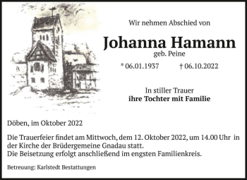 Traueranzeige von Johanna Hamann (geb. Peine)  von Magdeburger Volksstimme